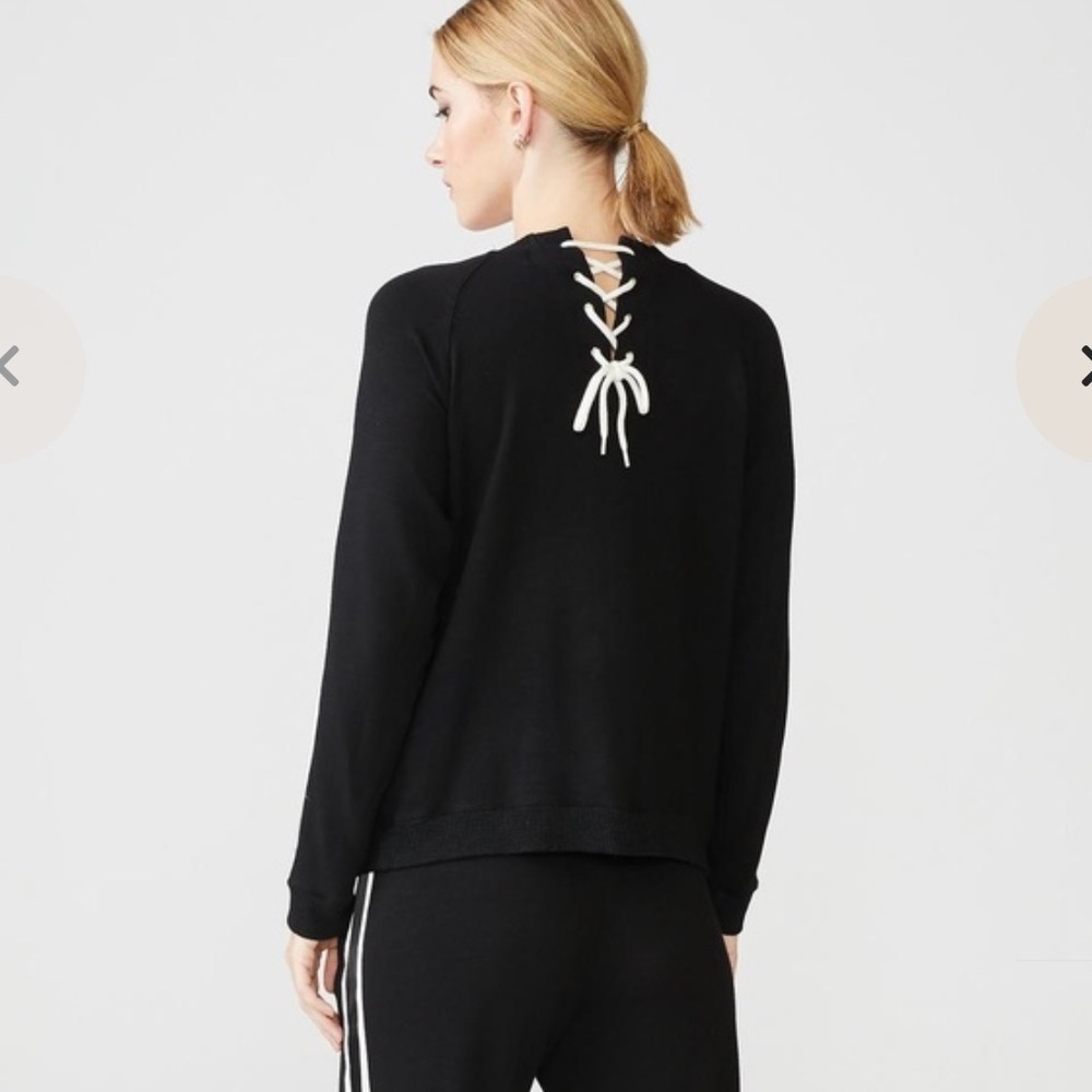 Monrow Black Lace-up Back Sweater with White Stripes down Arms - Picture 2 of 7